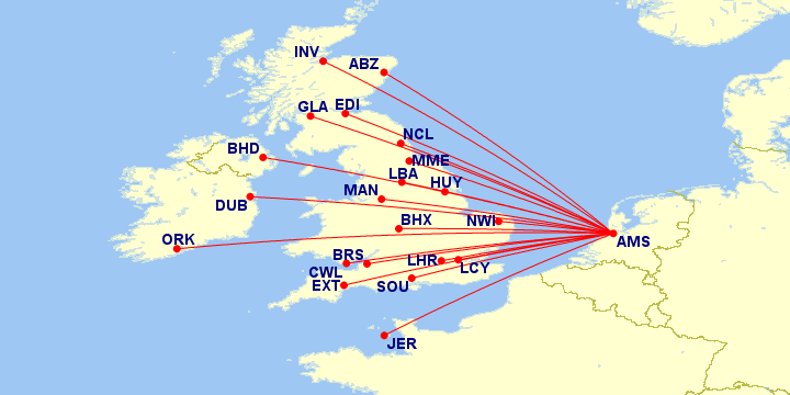map of the KLM route network from the UK & Ireland