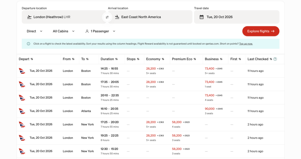 Qantas Flight Reward Finder search